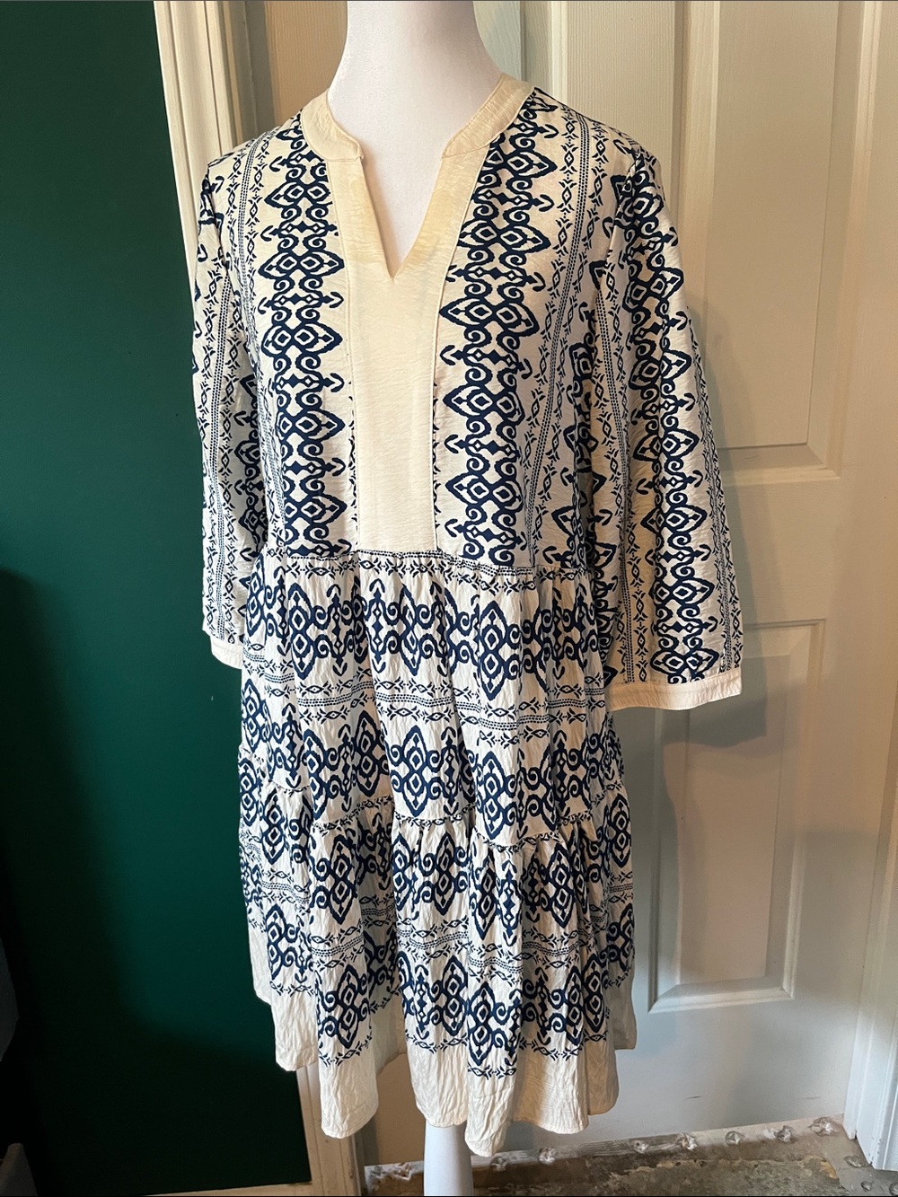 fig and flower Cream Dress with Navy Geometric Print